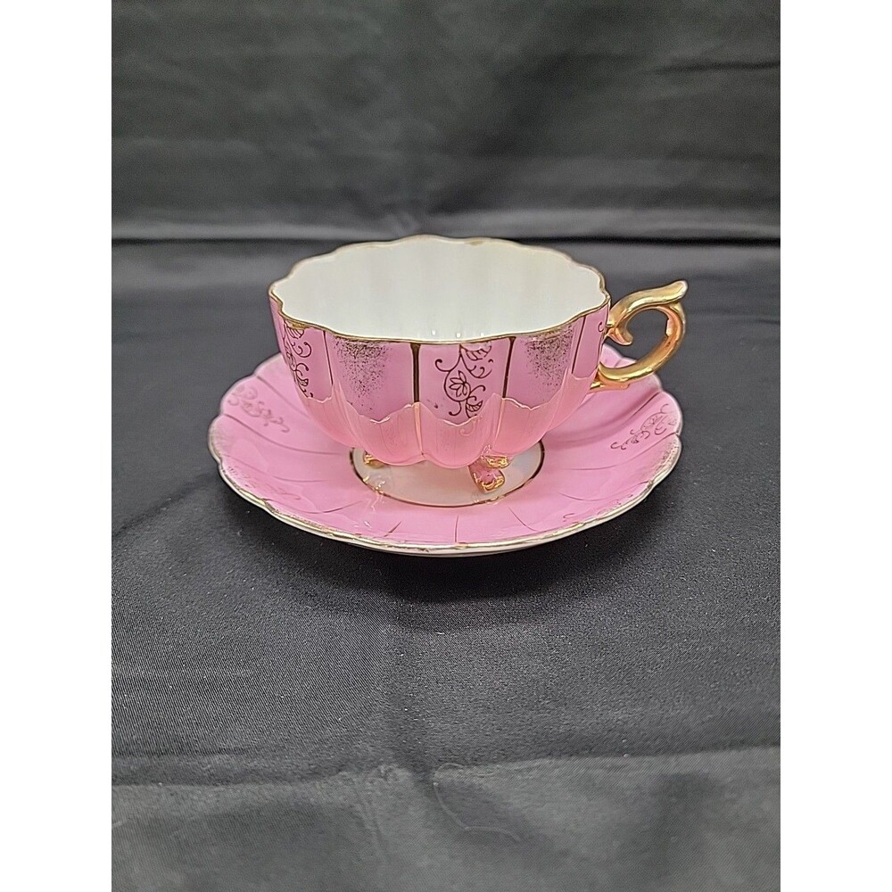 Vintage Opalescent Pink W/ Gold Gild Relco Porcelain Tea Cup And Saucer